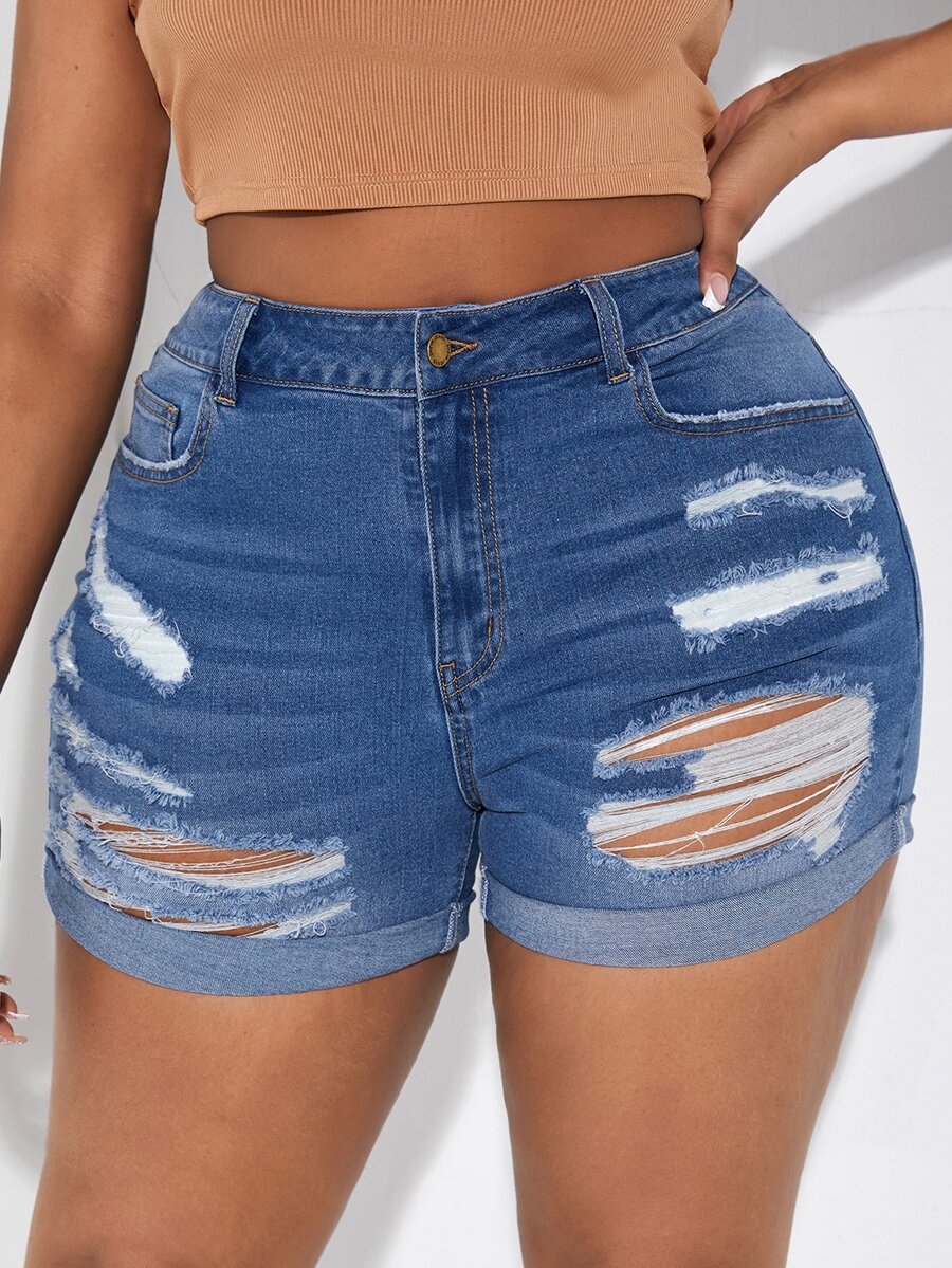 SHEIN SXY Quần short denim oversized Nút Túi Bị tách Dây kéo màu trơn - Rửa trung bình - Xem 1