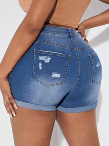 SHEIN SXY Quần short denim oversized Nút Túi Bị tách Dây kéo màu trơn - Rửa trung bình - Xem 2