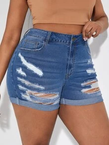 SHEIN SXY Quần short denim oversized Nút Túi Bị tách Dây kéo màu trơn - Rửa trung bình - Xem 3