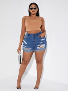 SHEIN SXY Quần short denim oversized Nút Túi Bị tách Dây kéo màu trơn - Rửa trung bình - Xem 4