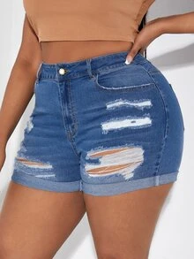 SHEIN SXY Quần short denim oversized Nút Túi Bị tách Dây kéo màu trơn - Rửa trung bình - Xem 5