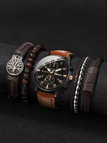 1 Đồng hồ thạch anh tròn nam và 4 vòng đeo tay - màu nâu - Xem 2