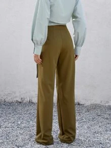 Solid Slant Pocket Plicated Detail Suit Trousers - Olive Green - View 2