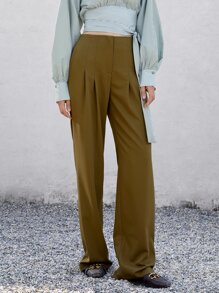 Solid Slant Pocket Plicated Detail Suit Trousers - Olive Green - View 4