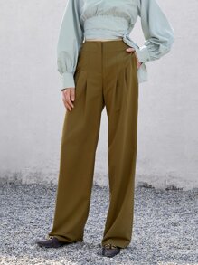 Solid Slant Pocket Plicated Detail Suit Trousers - Olive Green - View 5