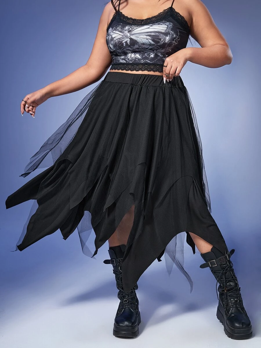 ROMWE Goth Váy Plus Size Bất đối xứng Tương phản Mesh màu trơn Giải trí - màu đen - Xem 1
