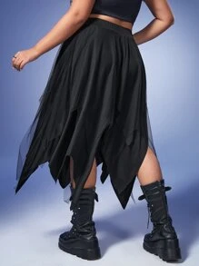 ROMWE Goth Váy Plus Size Bất đối xứng Tương phản Mesh màu trơn Giải trí - màu đen - Xem 2