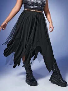 ROMWE Goth Váy Plus Size Bất đối xứng Tương phản Mesh màu trơn Giải trí - màu đen - Xem 3