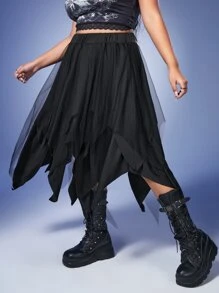 ROMWE Goth Váy Plus Size Bất đối xứng Tương phản Mesh màu trơn Giải trí - màu đen - Xem 5
