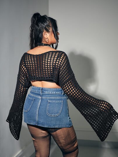 Grunge Punk Plus Hollow Out Flounce Sleeve Jumper Without Bra