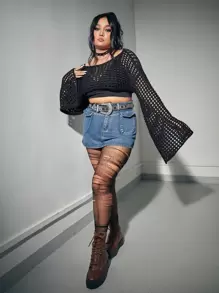 ROMWE Grunge Punk Plus Size Summer Crochet Hollow Out Flounce Sleeve Sweater Without Bra, School - Black - View 5