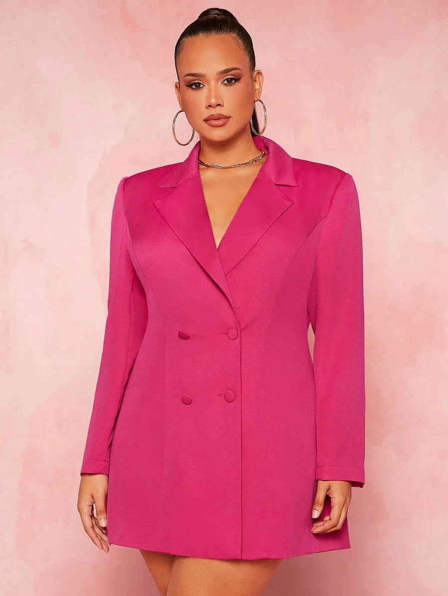 SHEIN SXY 大碼西裝領雙排釦西裝連衣裙 - 玫紅色 - 查看 1