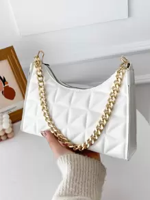 Chần Chi tiết Túi xích Đơn giản chất liệu da PU Túi đeo vai Màu thuần Túi nách Với dây kéo Hoàn hảo Nách Cái túi Đối với Sử dụng hàng ngày - trắng - Xem 5