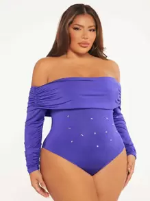 SHEIN SXY Plus Off Shoulder Rhinestone Ruched Foldover Bodysuit