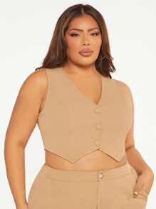 SHEIN SXY Plus Button Front Crop Waistcoat - Khaki - View 1