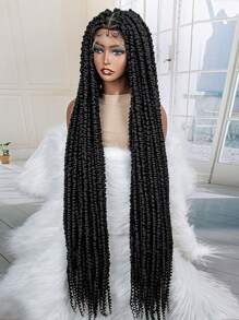 Toàn bộ ren phía trước Tóc giả tổng hợp bện dài thêm - màu đen - Xem 2