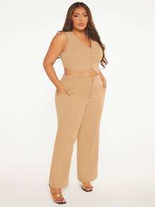 SHEIN SXY Plus Button Front Crop Waistcoat - Khaki - View 4