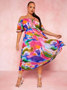 SHEIN SXY Plus Tie Dye Off Shoulder Knot Front Dress - Multicolor - View 1