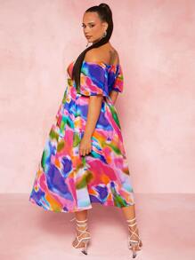SHEIN SXY Plus Tie Dye Off Shoulder Knot Front Dress - Multicolor - View 3