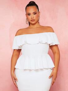 SHEIN SXY Plus Off Shoulder Ruffle Trim Shirred Peplum Tee - White - View 3