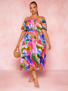 SHEIN SXY Plus Tie Dye Off Shoulder Knot Front Dress - Multicolor - View 4