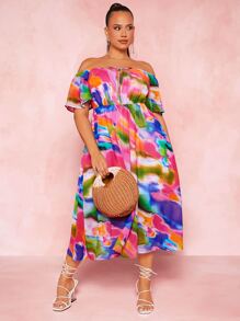 SHEIN SXY Plus Tie Dye Off Shoulder Knot Front Dress - Multicolor - View 5
