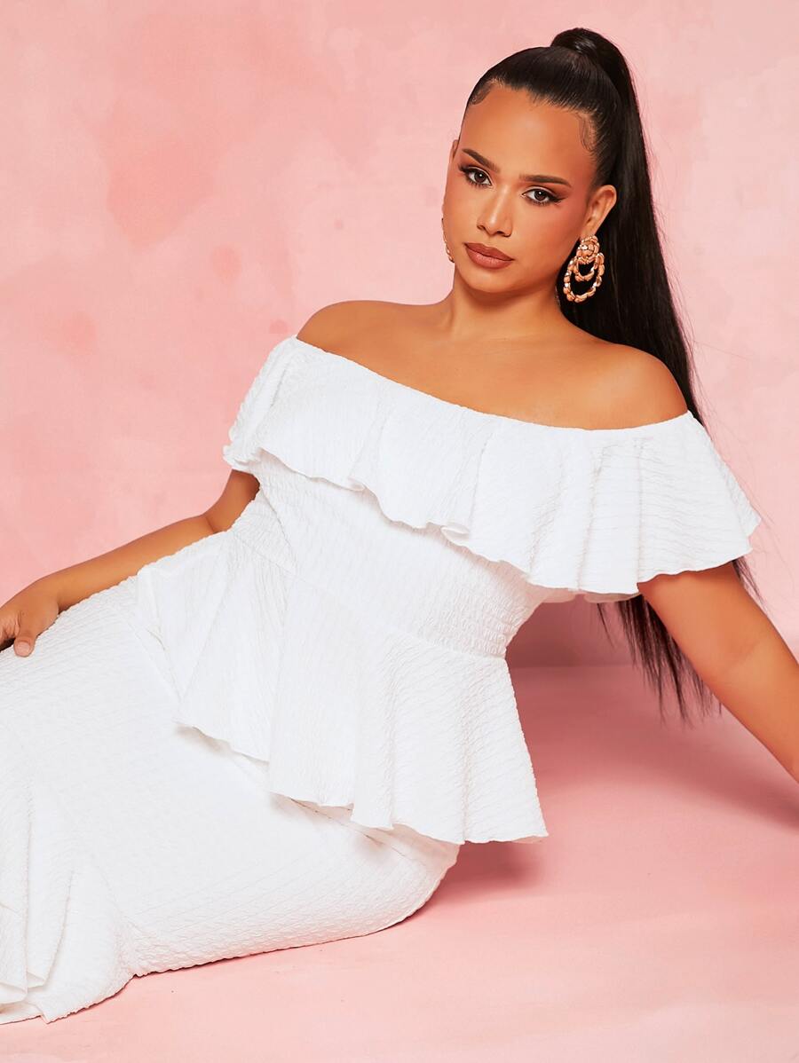 SHEIN SXY Plus Off Shoulder Ruffle Trim Shirred Peplum Tee