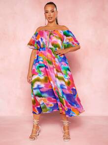 SHEIN SXY Plus Tie Dye Off Shoulder Knot Front Dress - Multicolor - View 2