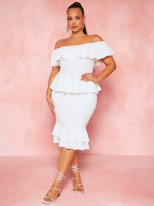 SHEIN SXY Plus Off Shoulder Ruffle Trim Shirred Peplum Tee - White - View 5