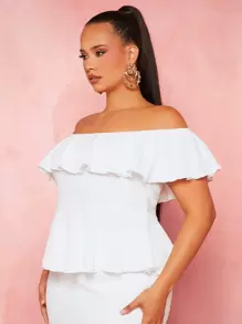 SHEIN SXY Plus Off Shoulder Ruffle Trim Shirred Peplum Tee - White - View 6