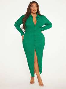 SHEIN SXY Plus Button Through Split Thigh Bodycon Dress - Green - View 4
