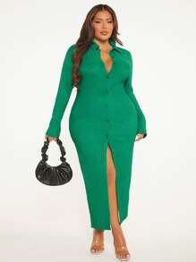 SHEIN SXY Plus Button Through Split Thigh Bodycon Dress - Green - View 3