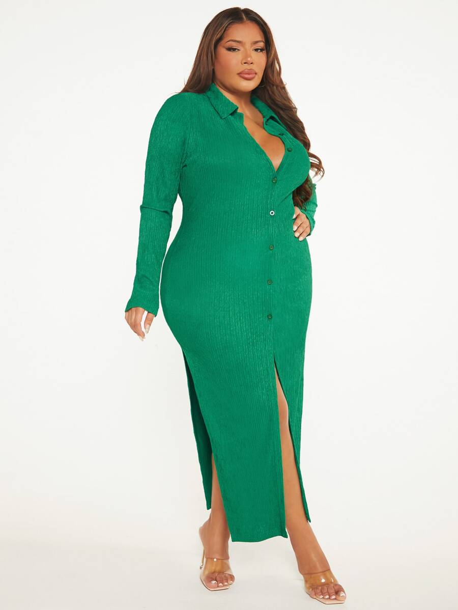 SHEIN SXY Plus Button Through Split Thigh Bodycon Dress - Green - View 1