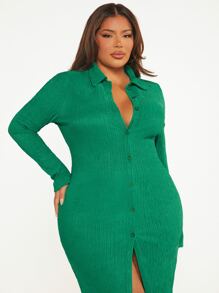 SHEIN SXY Plus Button Through Split Thigh Bodycon Dress - Green - View 6