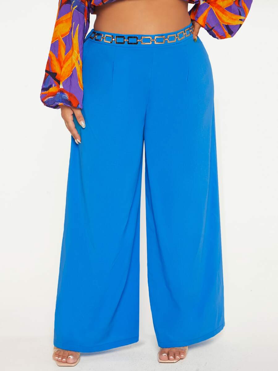 SHEIN SXY Plus Wide Leg Trousers With Chain - Blue - View 1