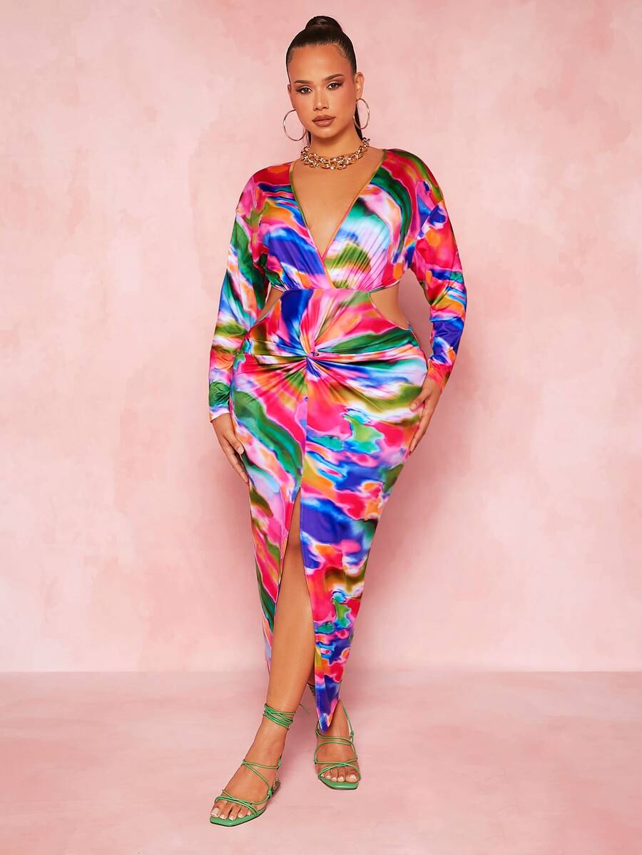 SHEIN SXY Đầm Plus Size Cắt ra xoắn lại Tách cao Tất cả trên in Gợi cảm