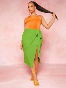 SHEIN SXY Plus Knot Side Wrap Skirt - Lime Green - View 4