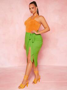 SHEIN SXY Plus Knot Side Wrap Skirt - Lime Green - View 8