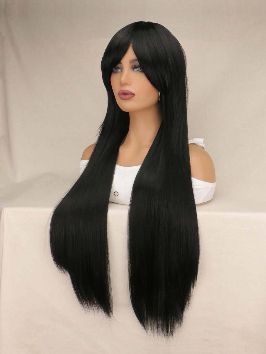 Tóc giả tổng hợp siêu dài thẳng có tóc mái - màu đen - Xem 1