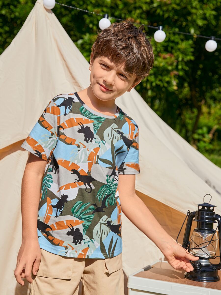 SHEIN Boys Dinosaur & Tropical Print Tee - Multicolor - View 1