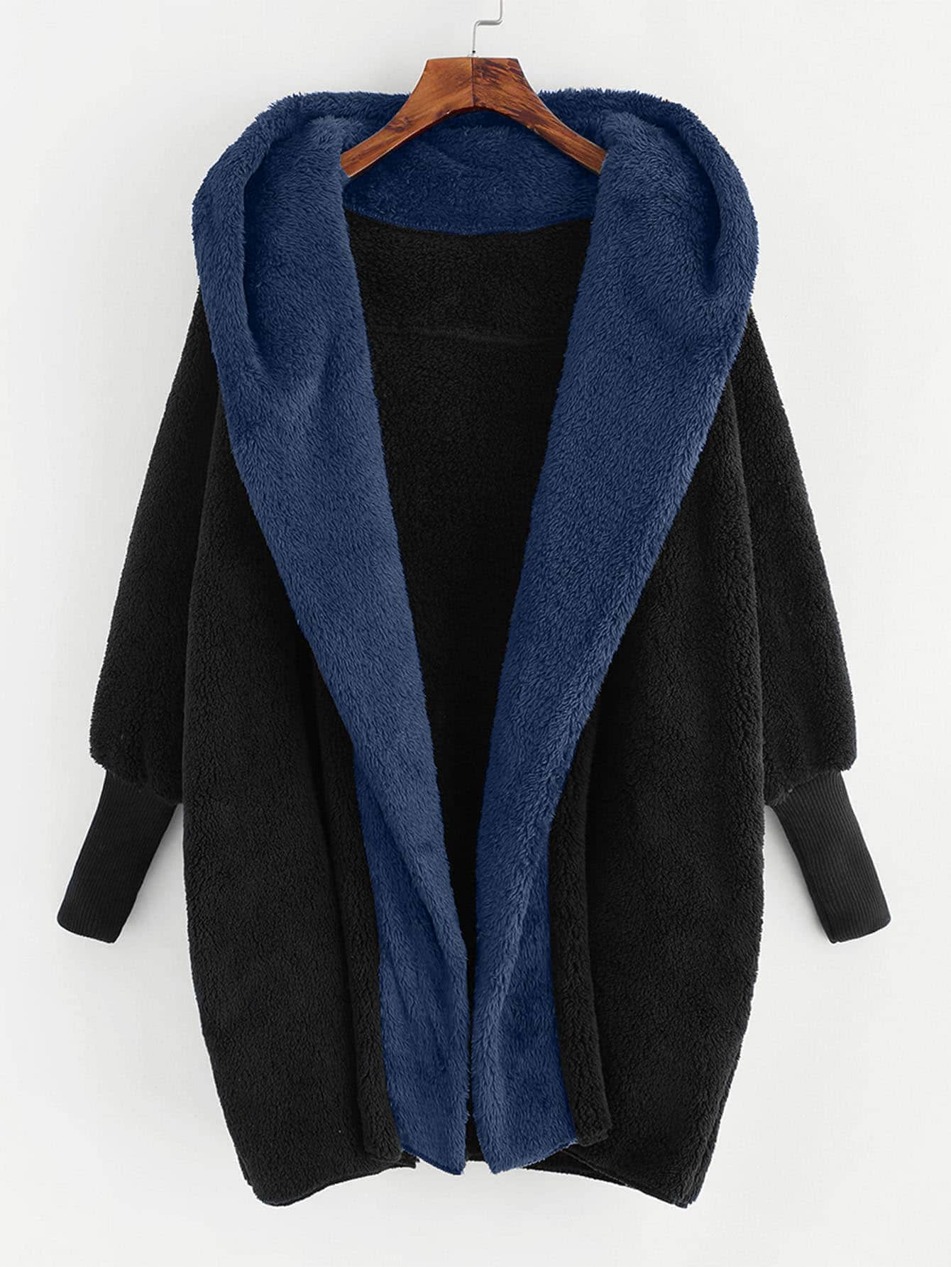 SHEIN LUNE Abrigo teddy con parte delantera abierta con capucha - Azul Marino - Ver 1