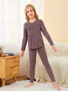 Girls Solid Rib-knit PJ Set - Dusty Pink - View 4