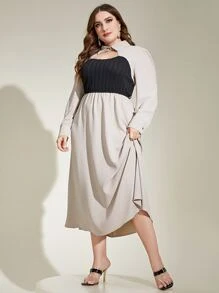 Mulvari 大碼撞色鎖眼領口假兩件連衣裙 - 卡其色 - 查看 3