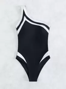 SHEIN Swim Summer Beach Contrast Binding One Shoulder One Piece Swimsuit - Black - View 3