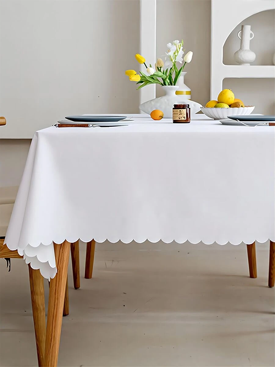 1pc Solid Scallop Trim Tablecloth - White - View 1