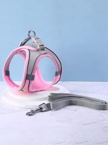 1 Set Of Breathable Reflective Checkered Edge Chest And Back Traction Rope Harness, Suitable For Indoor And Outdoor Use, For Dogs And Cats - Pink - View 1