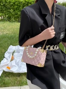 Solid Color Quilted Diamond Pattern Pearl Rhinestone Decorated Handle Box Bag With Metal Chain, Shoulder Strap, Embroidered Grid Design, Fashion Gift For Women