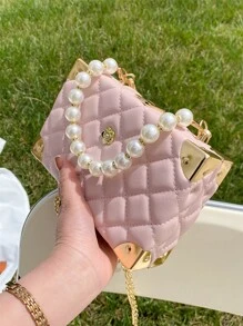 Solid Color Quilted Diamond Pattern Pearl Rhinestone Decorated Handle Box Bag With Metal Chain, Shoulder Strap, Embroidered Grid Design, Fashion Gift For Women