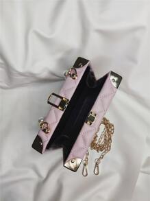 Solid Color Quilted Diamond Pattern Pearl Rhinestone Decorated Handle Box Bag With Metal Chain, Shoulder Strap, Embroidered Grid Design, Fashion Gift For Women
