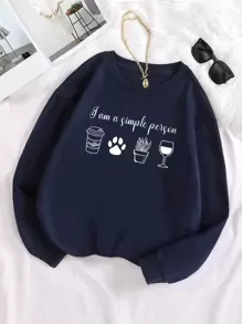 SHEIN EZwear Plus Slogan Graphic Thermal Lined Sweatshirt - Navy Blue - View 1